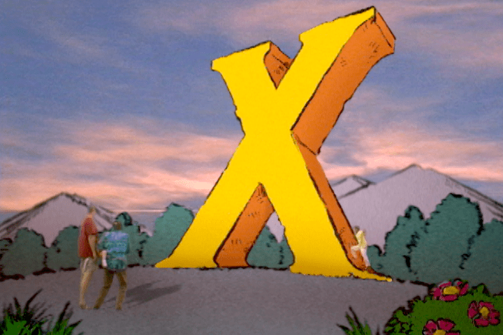 A digital composite image featuring a drawing of several mountains and one gigantic letter "X", which several photographs of hikers have been added on to.