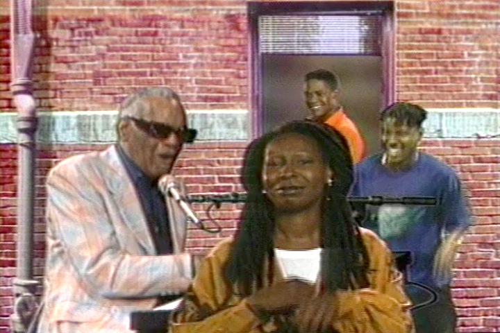 A digital composite image featuring several celebrities including Whoopi Goldberg