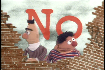 A still from a video featuring Bert and Ernie from Sesame Street behind a broken wall, with the word "No" written in the background.