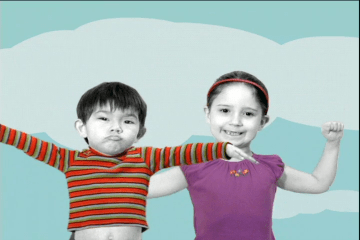 A digital composite image consisting of a black and white photo of two children playing where their clothes have been digitally colored to be bright and cheerful, and they have been placed against a drawn sky background.