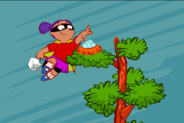 A digital drawing of a young girl with a superhero cape grabbing an egg out of a bird's nest. She is also carrying a takeout container.