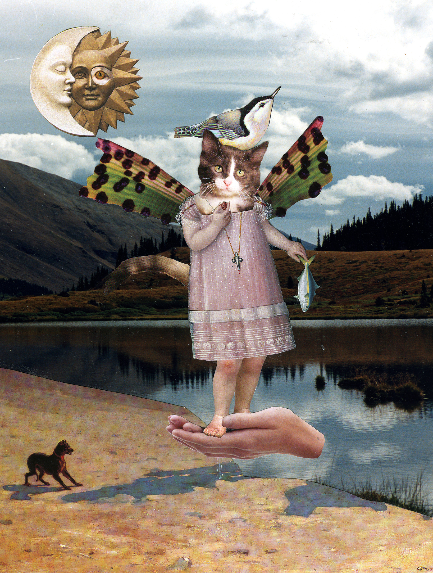 A handmade collage featuring a cat in a dress holding a fish, with wings made of fish tails and a bird on its head.