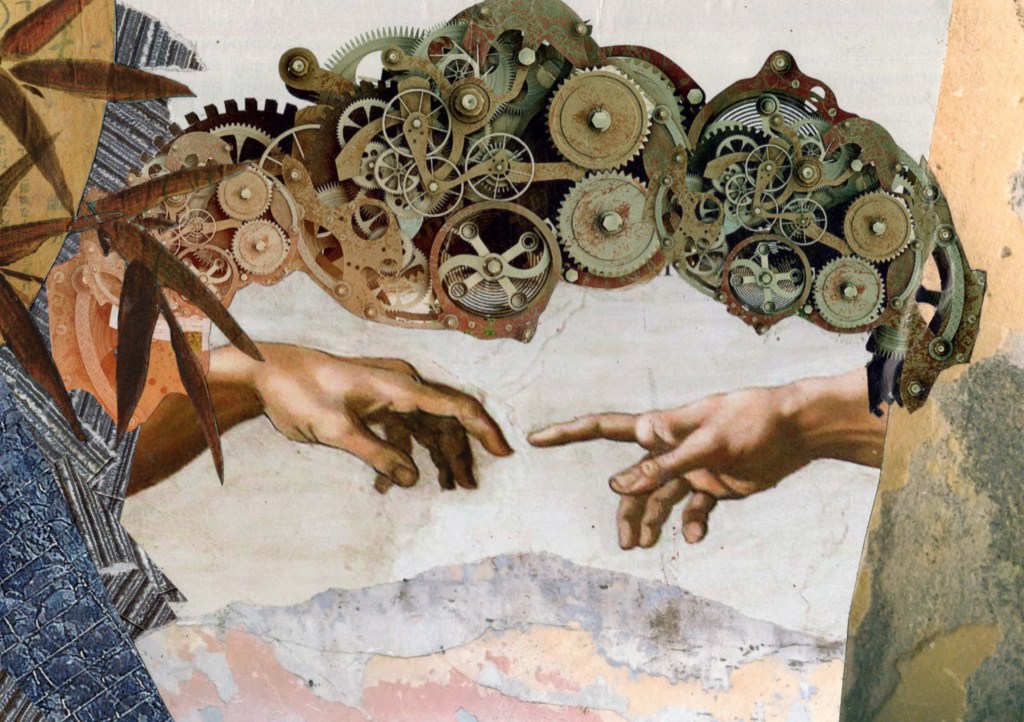 A handmade collage featuring the painting "The Creation Of Adam", wherein God and the biblical adam reach for eachother, with a bridge of machinery parts added above the hands.