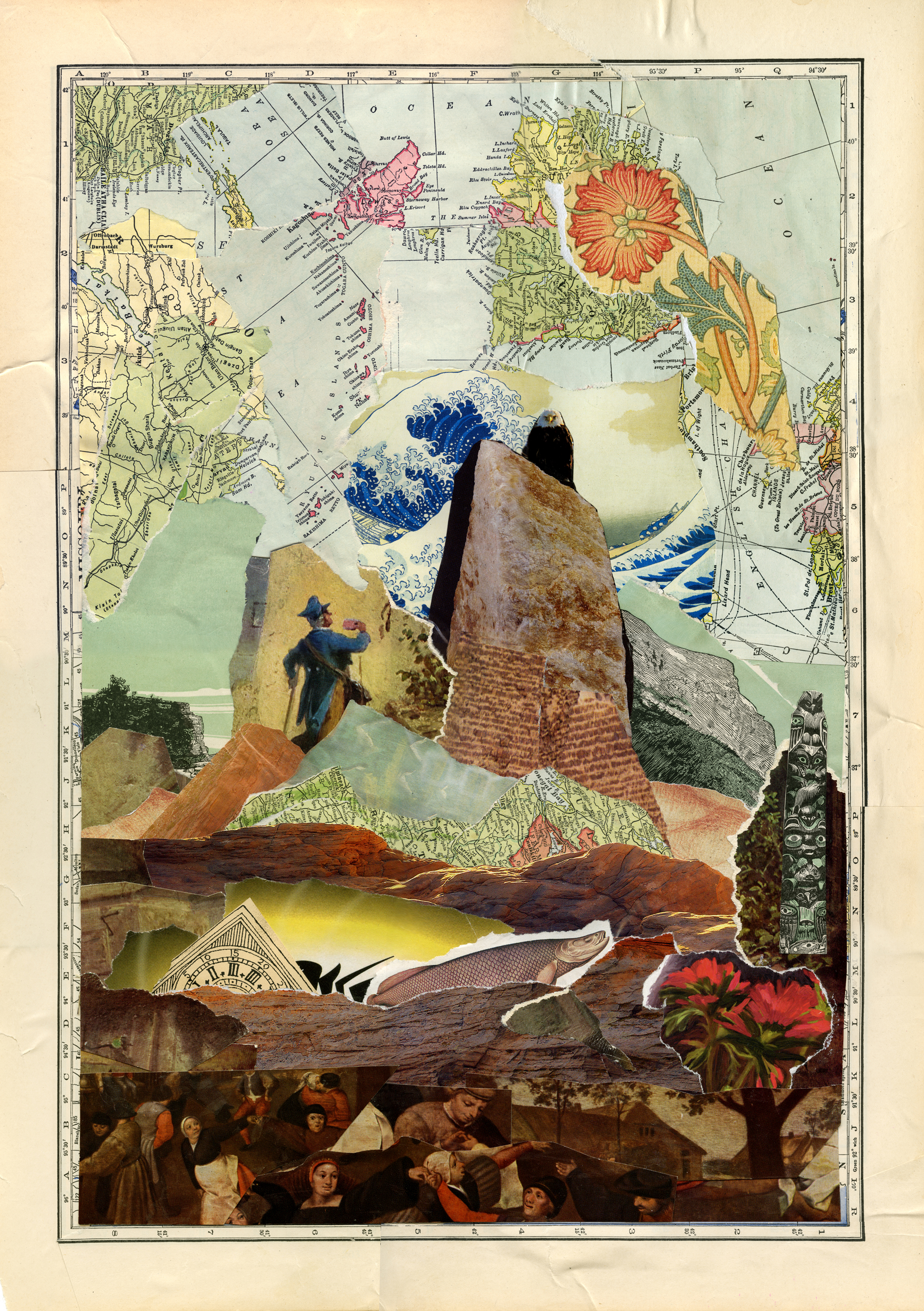 A handmade collage featuring an explorer approaching a monument against a background of maps.