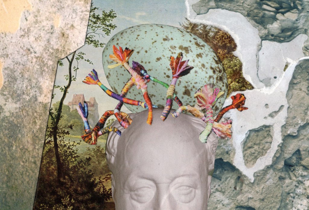 A collage featuring a picture of a statue of a man's head with yarn "hair" added to it and a big egg balanced on top.