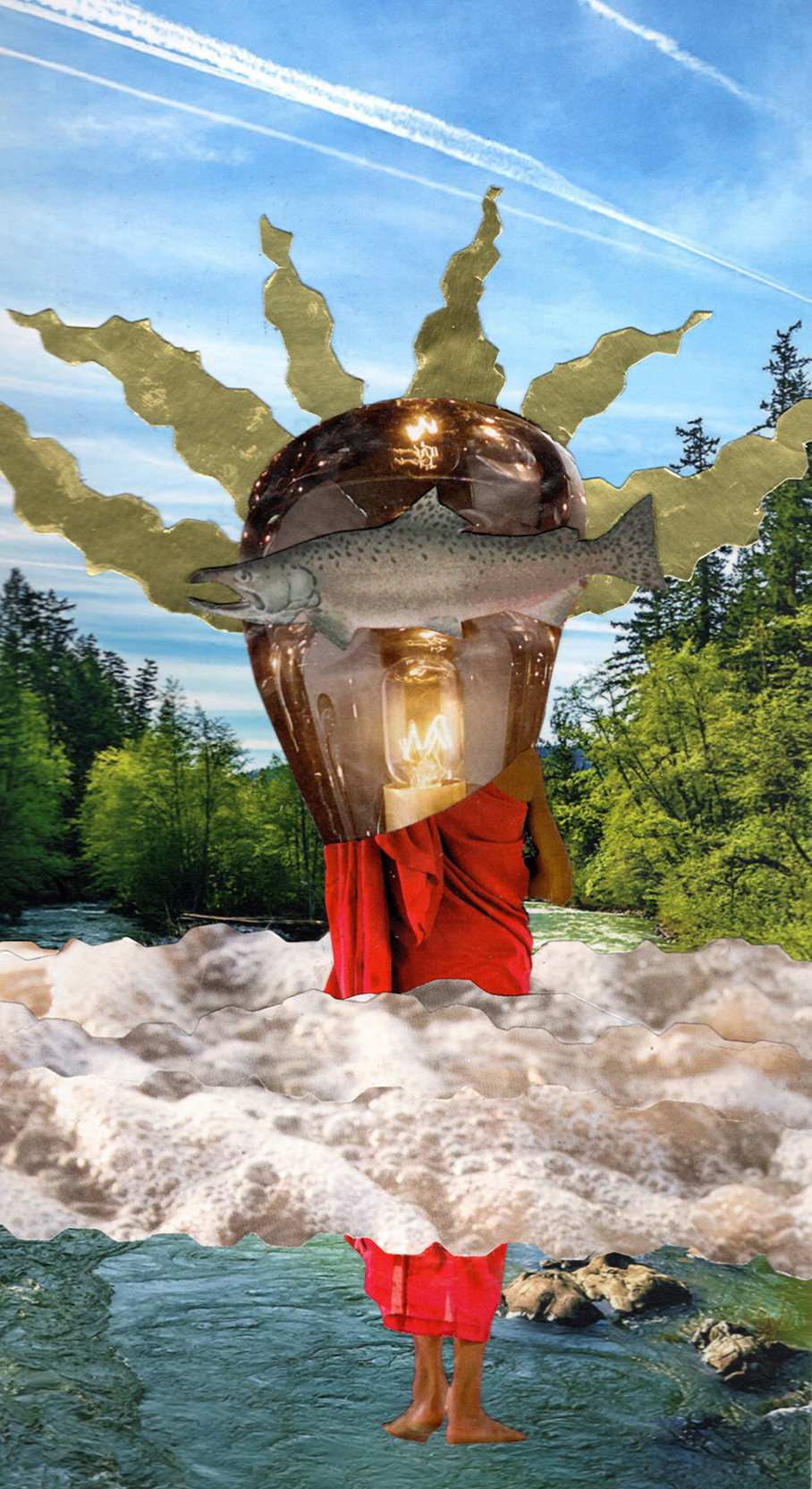 A handmade collage featuring a monk with a lightbulb head and a fish across them.