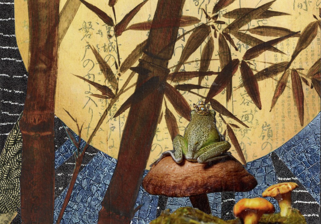 A handmade collage featuring a frog on a toadstool in a bamboo forest, looking at a moon covered in japanese writing.