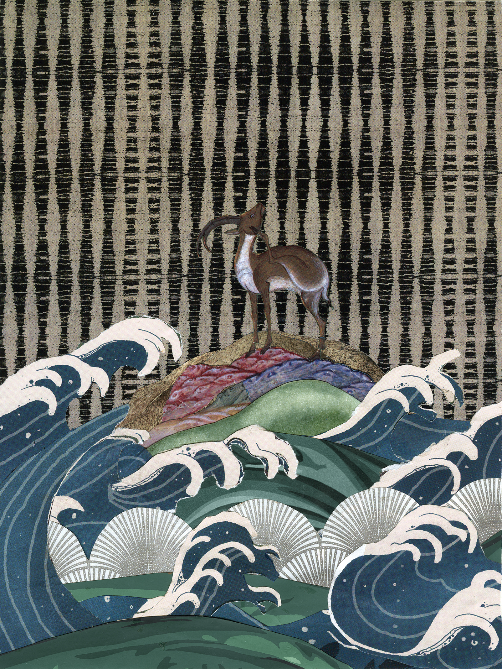 A handmade collage featuring a goat on an island being swallowed by waves.