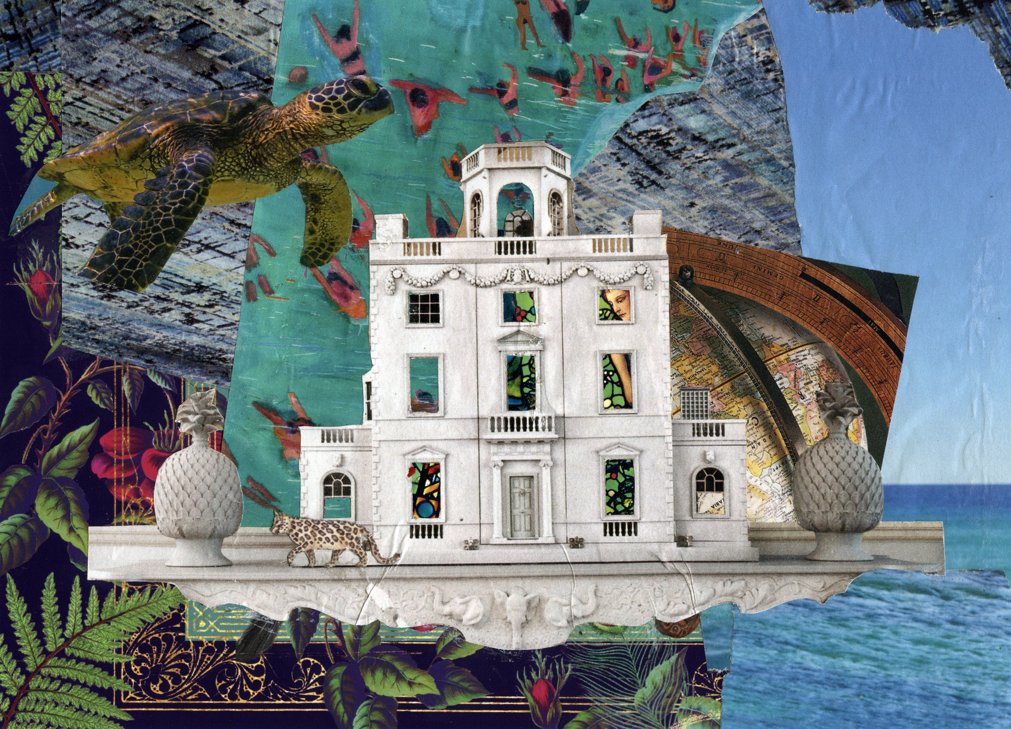 A handmade collage featuring the front of a building with all its windows cut out, behind which several travel images can be seen.