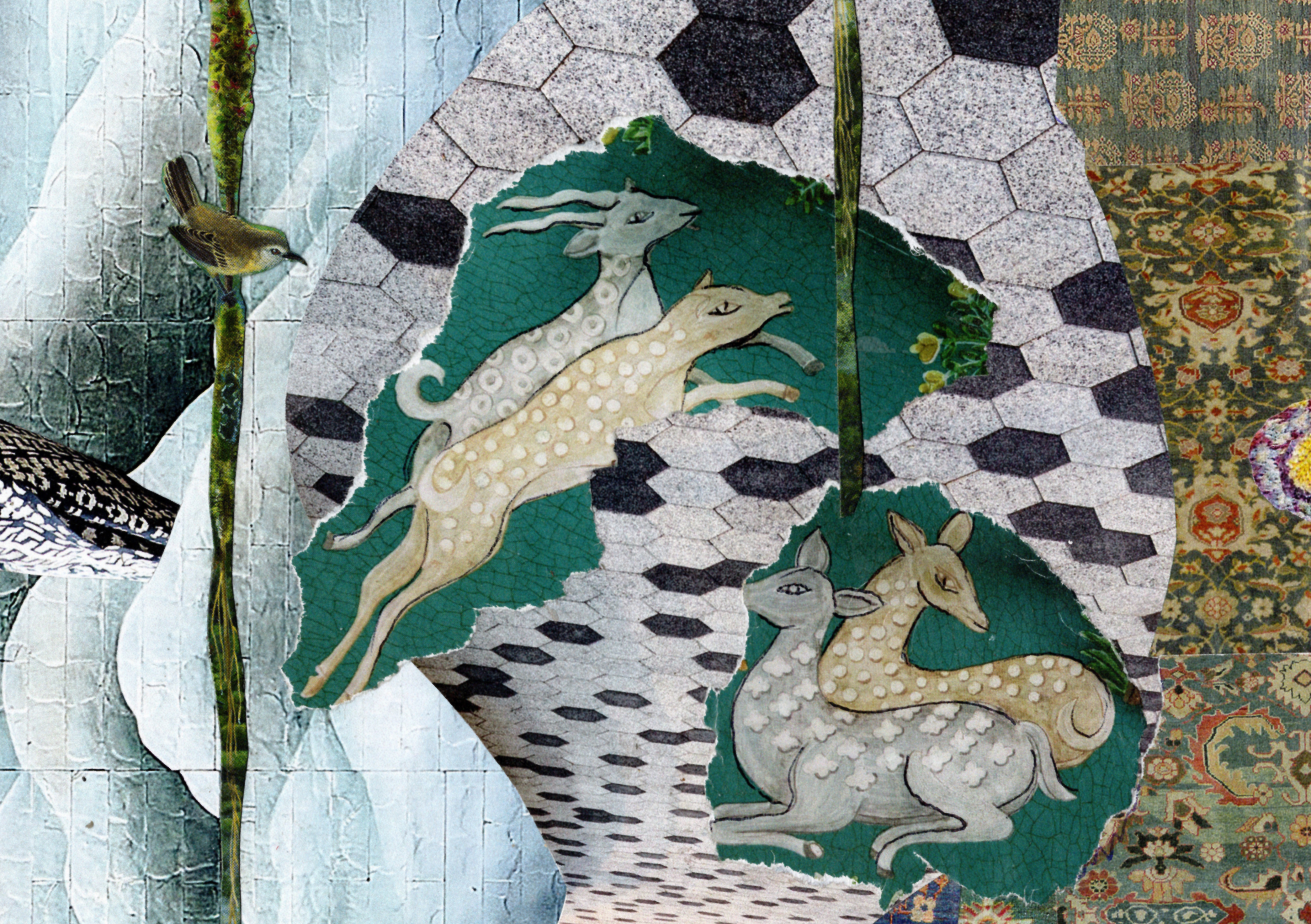 A handmade collage featuring several drawings of deer laced against trees and patterned tiles