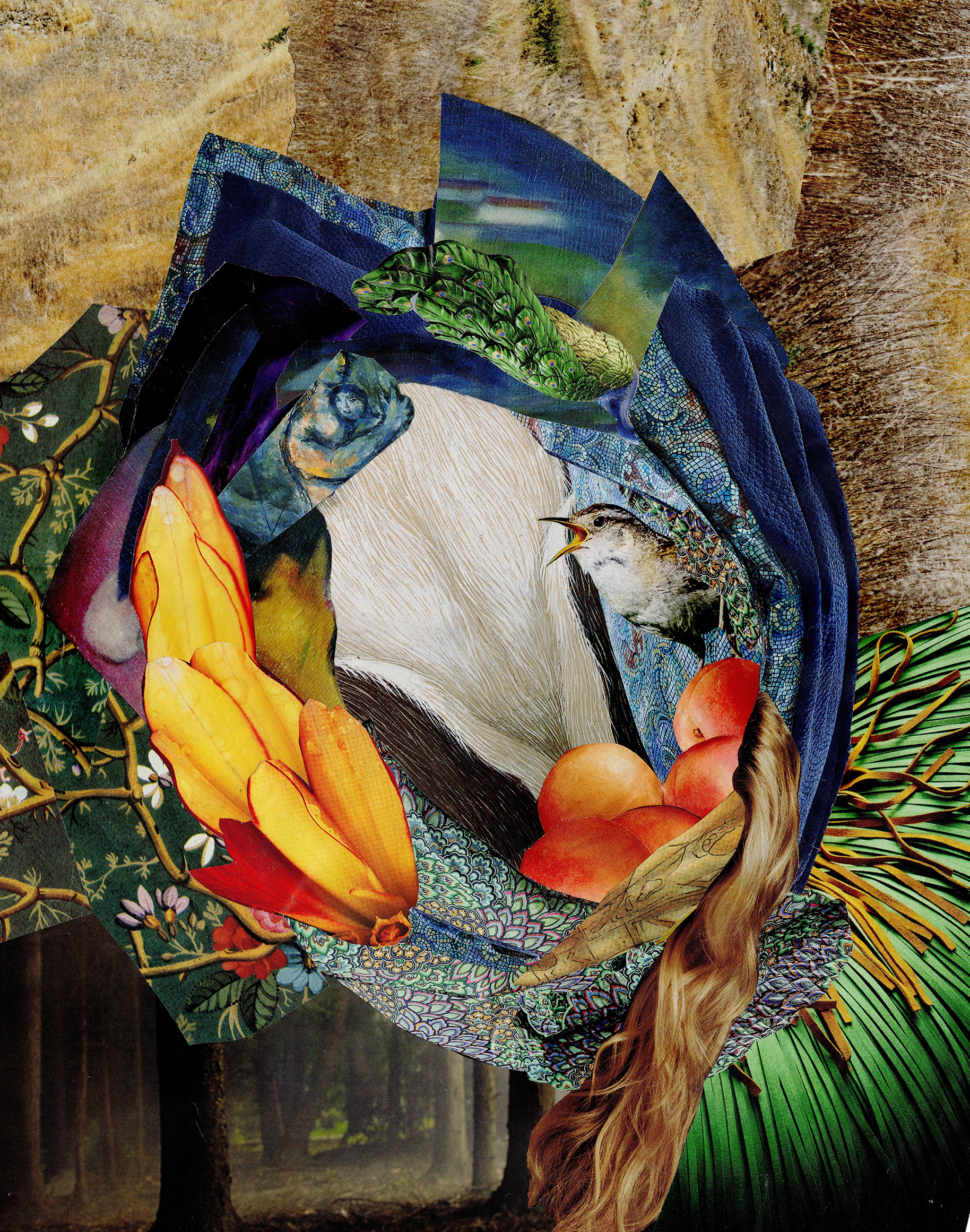 A handmade collage featuring a baby bird surrounded by colorful cutouts.