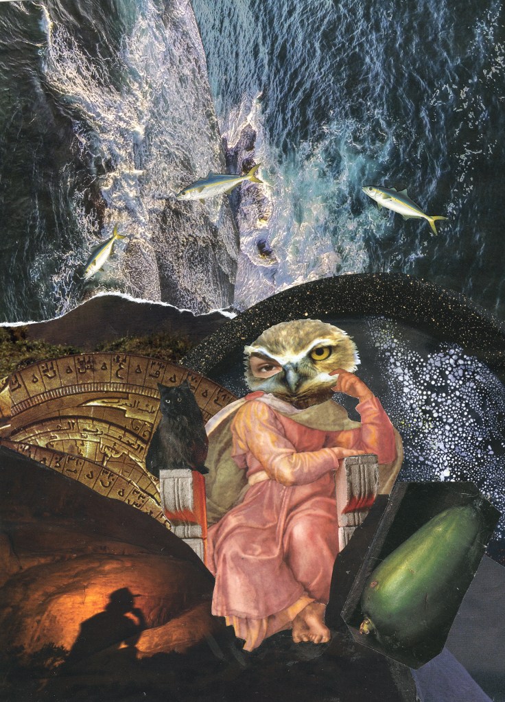 A handmade collage featuring a seated woman with an owl head against a constellation and fish background