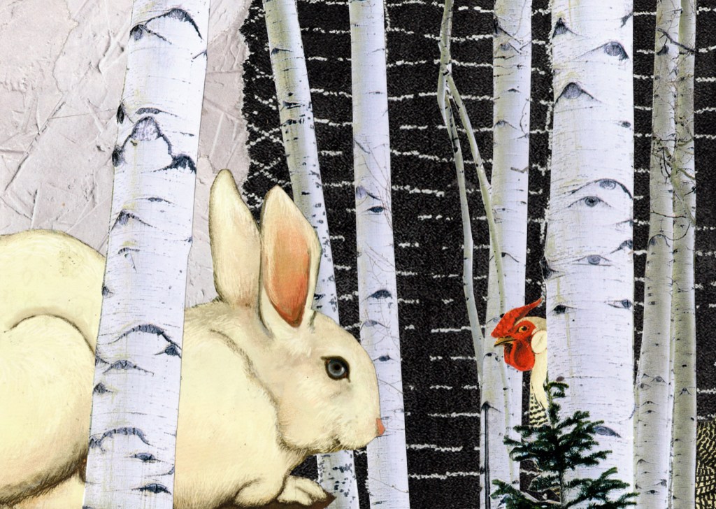 A handmade collage featuring a rabbit and a chicken that have been cut to appear to be behind the trees in a forest scene
