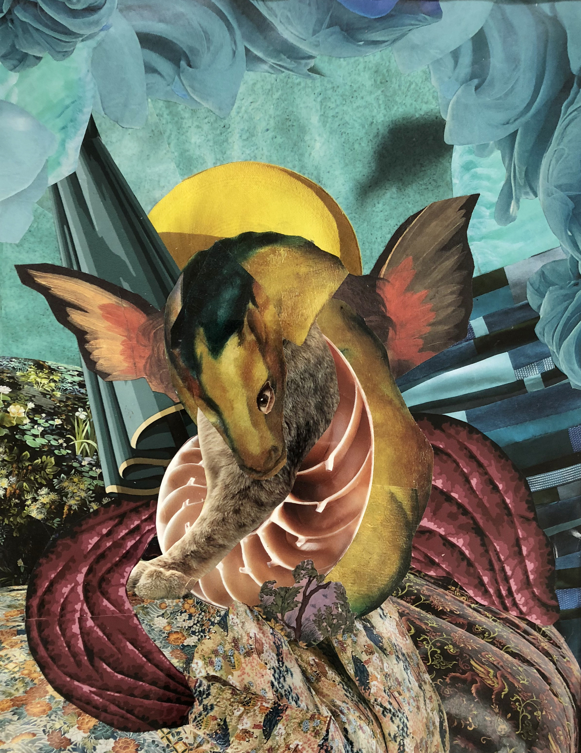 A handmade collage featuring a long, serpentine creature made out of parts of horses, birds, and cats.