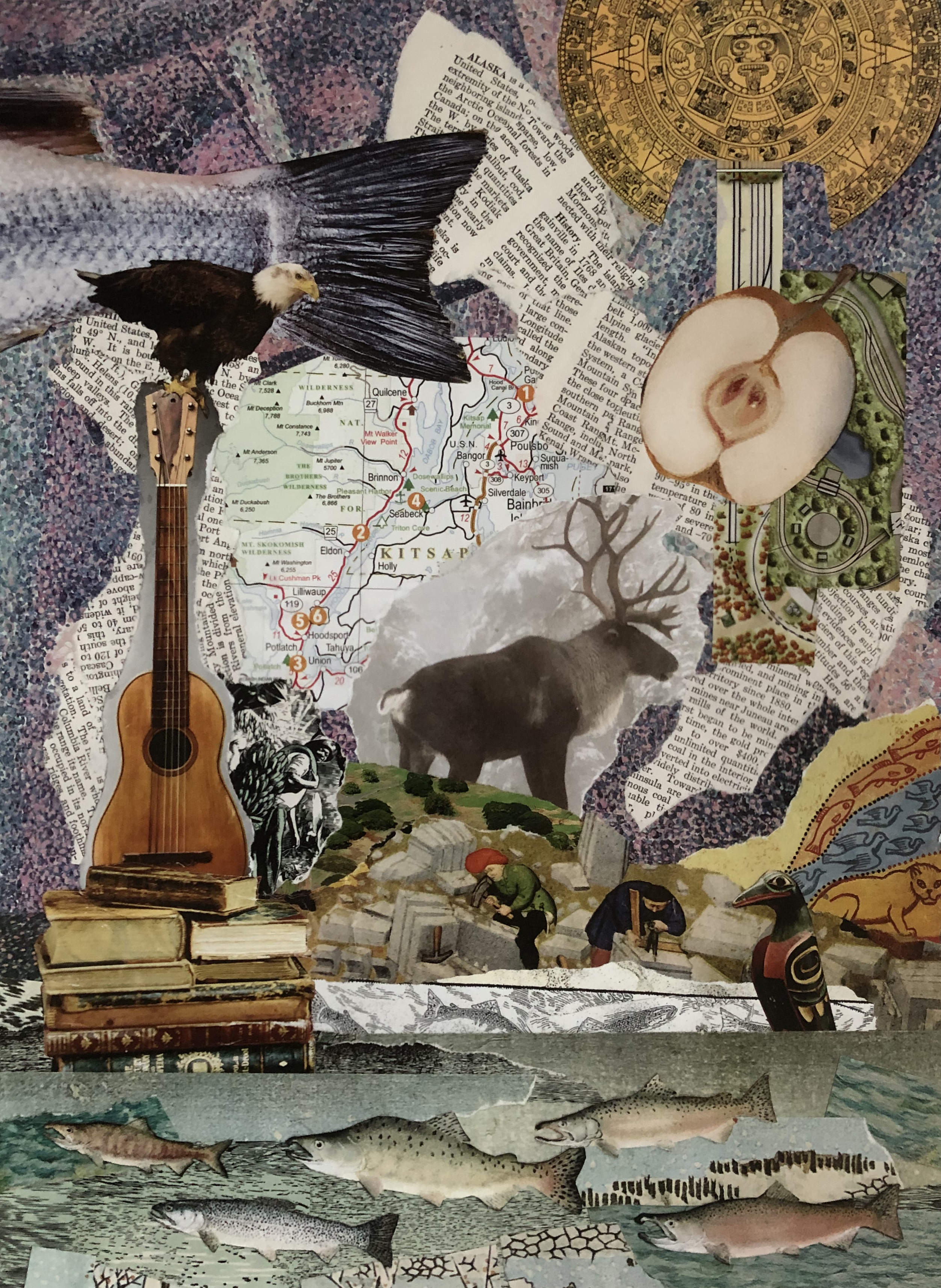 A handmade collage featuring several animals hanging out in a natural riverbank scene.