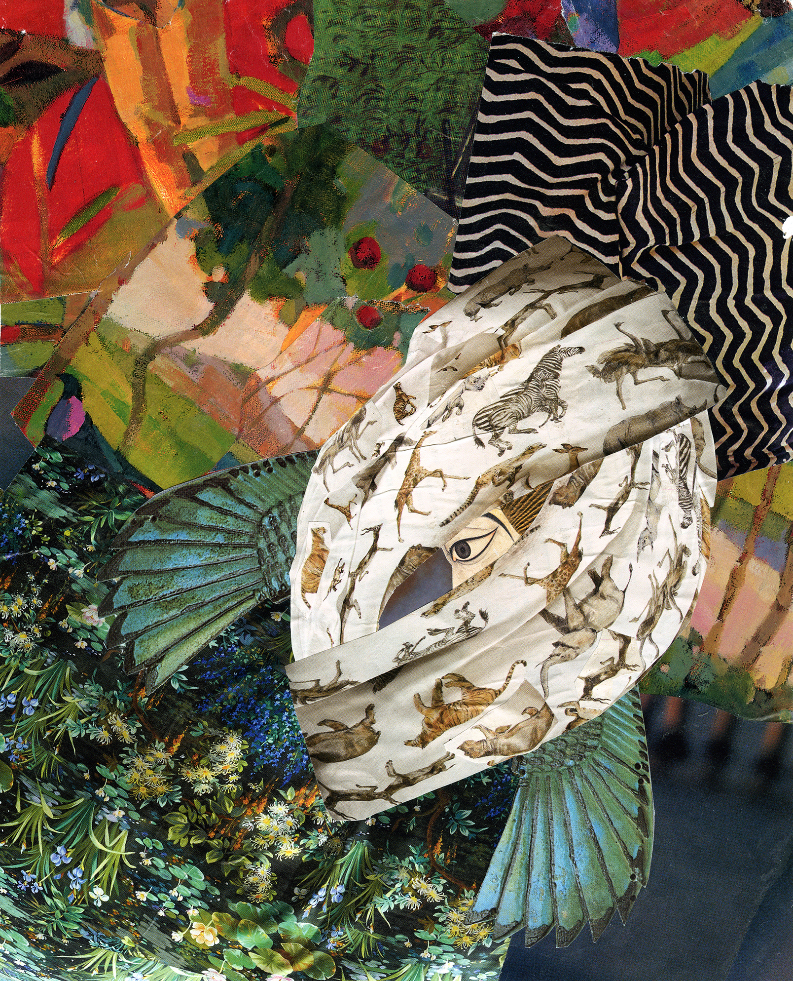 A handmade collage featuring a fishlike creature made of animal-patterned prints and bird wings.