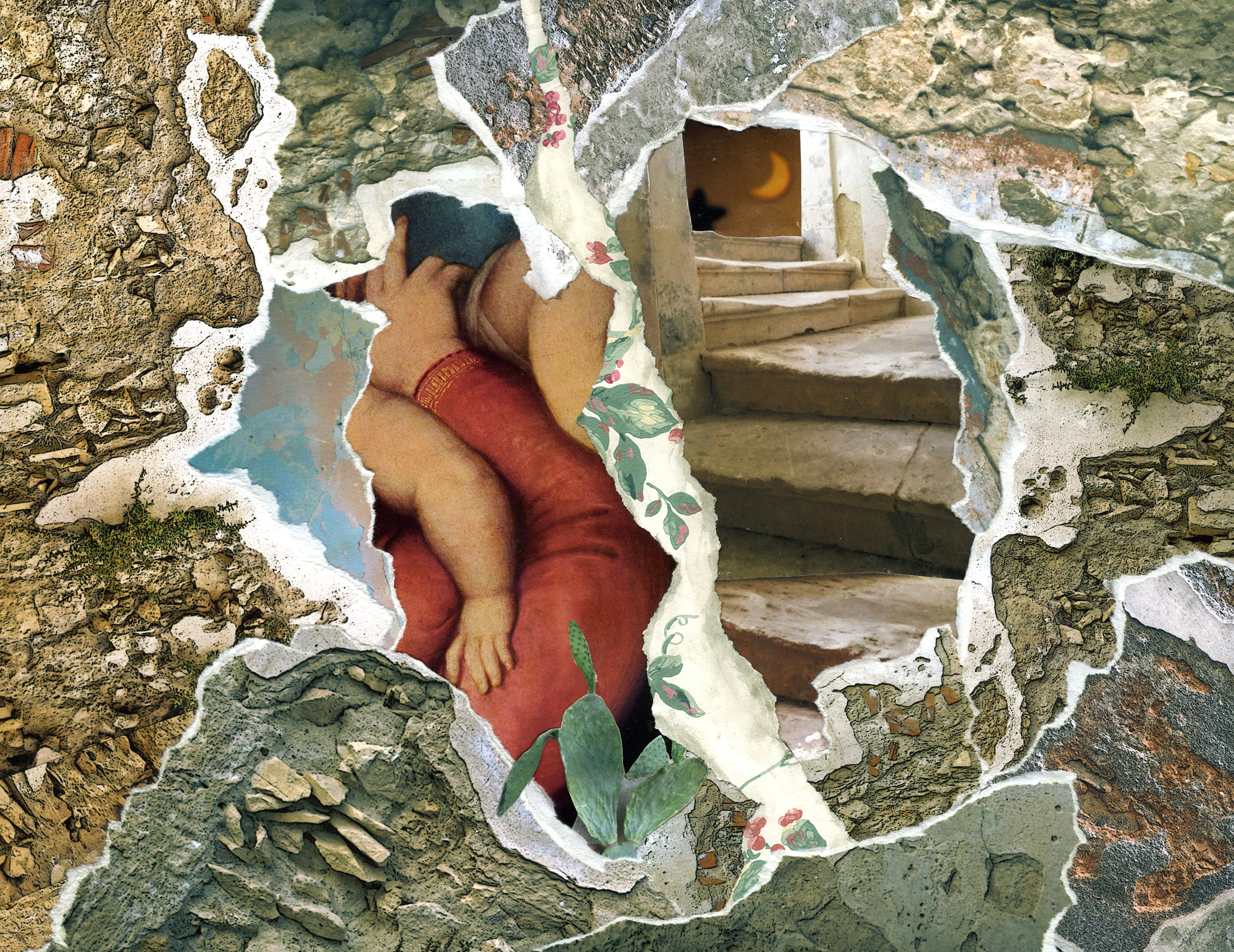 A collage featuring several broken rocks, with a mother holding a child and a staircase hidden inside