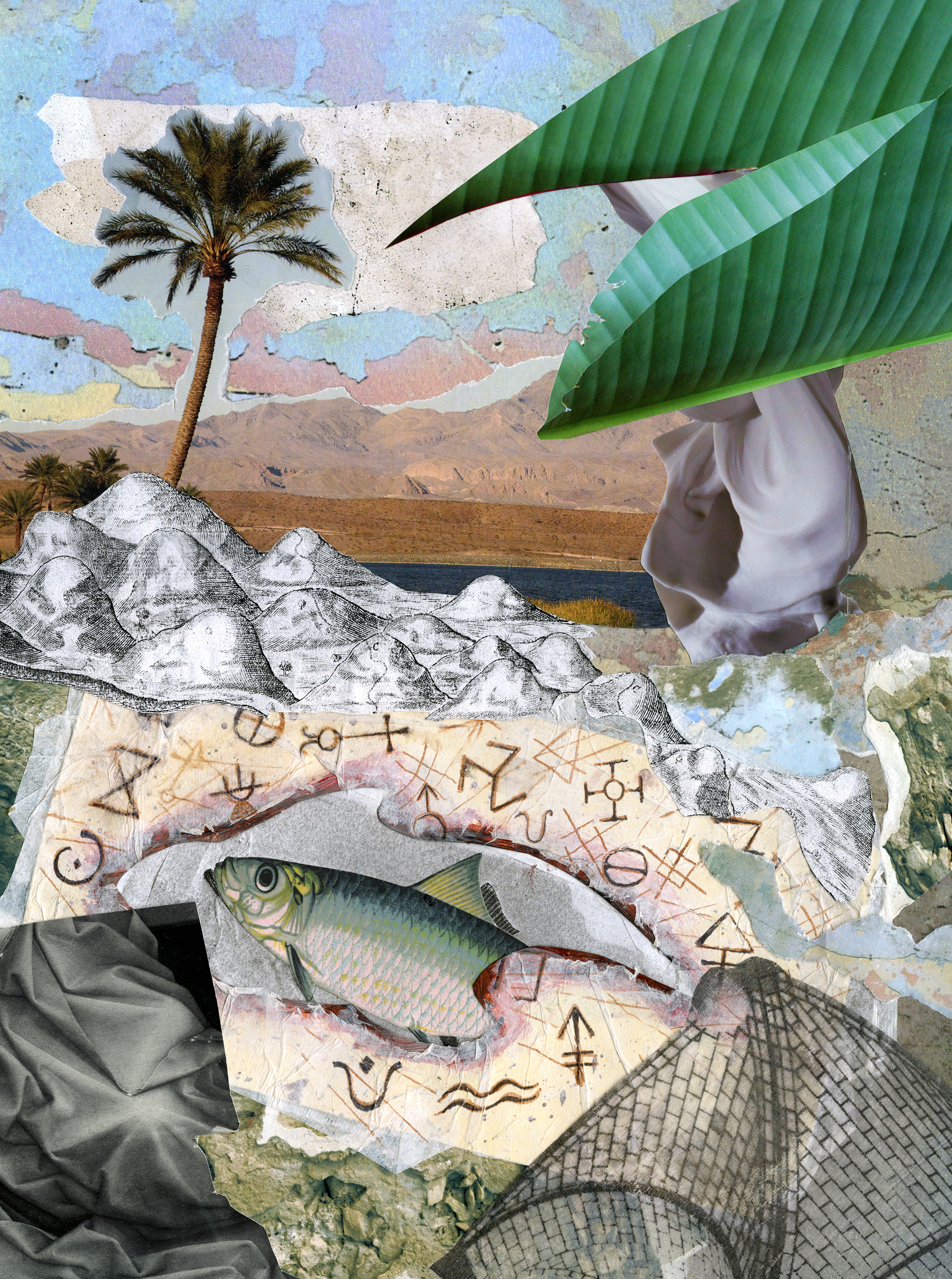 A handmade collage featuring an island scene, several astrological symbols, and some fish.