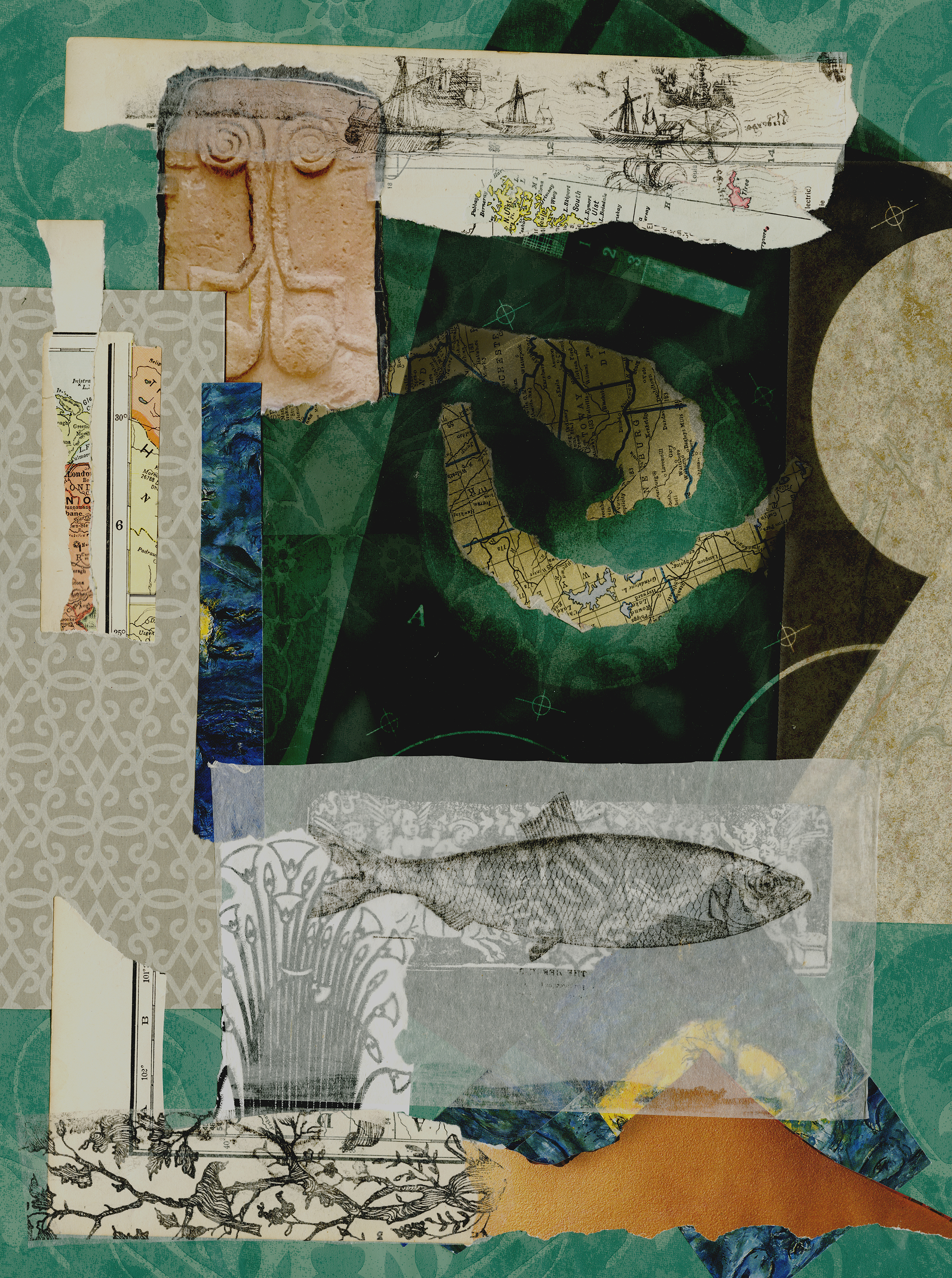 A handmade collage featuring several maps and fish.