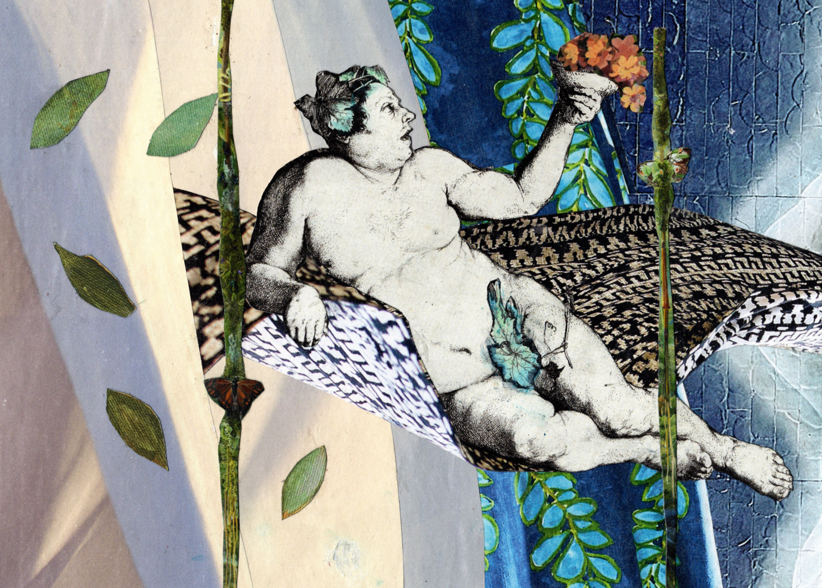 A handmade collage featuring a fat woman lounging on a carpet