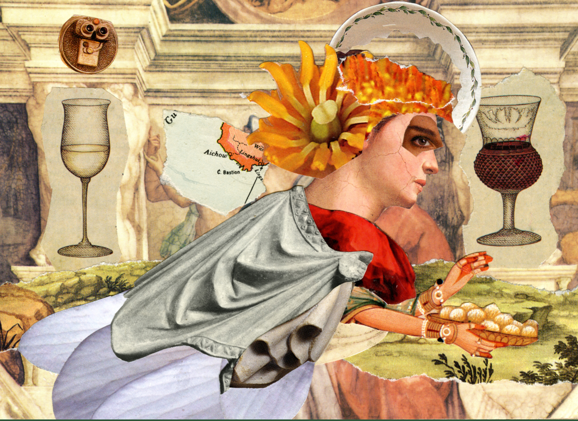 A handmade collage featuring several overlayed images of a woman holding a basket of food, with wine glasses in te background.