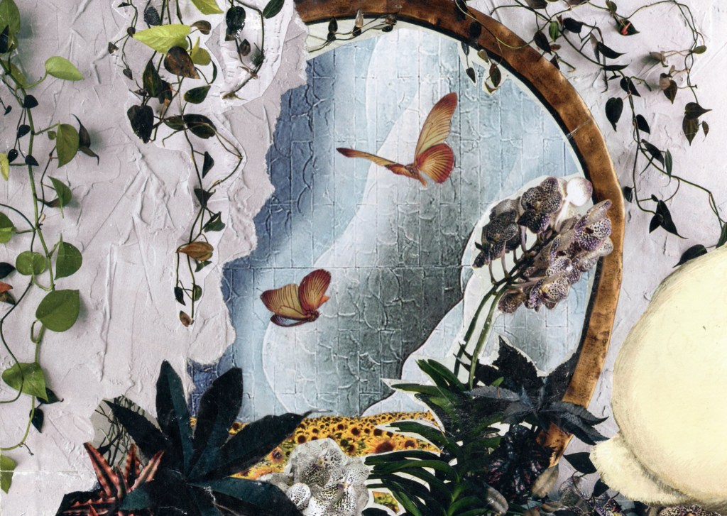 A handmade collage featuring a vine-covered windowed wall, wit butterflies seen through it.