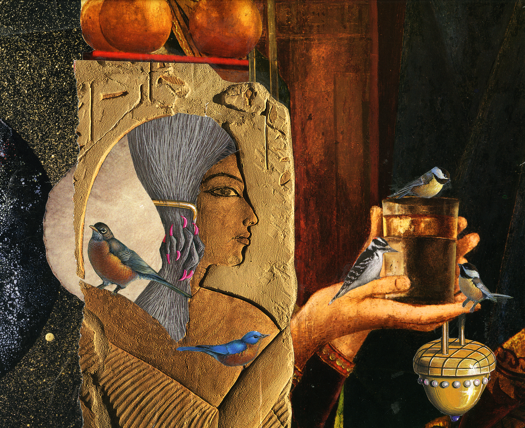A handmade collage of an Egyptian relief holding a water glass, while being covered in little birds.