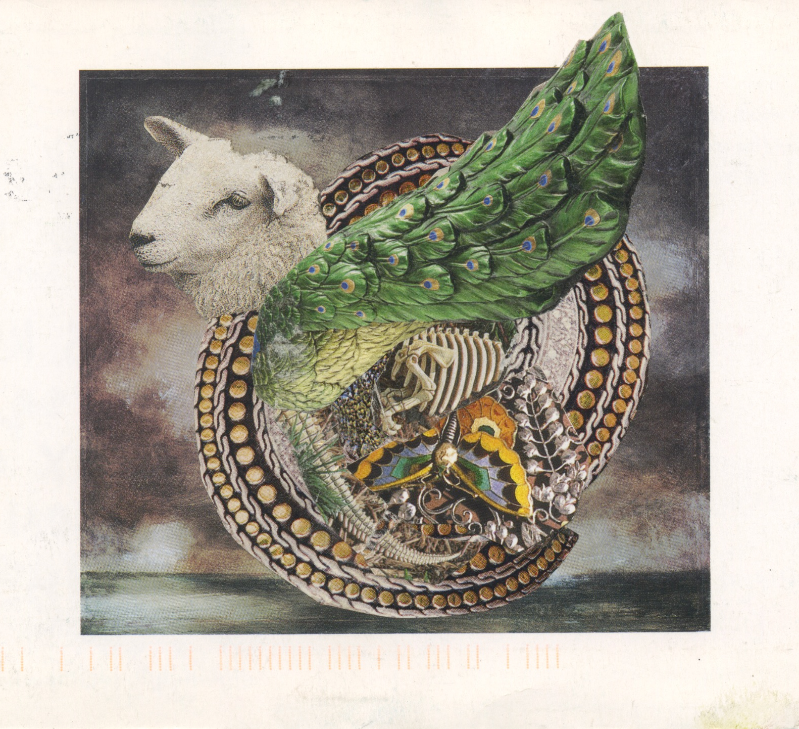 A handmade collage featuring a lamb head over a round body of many natural parts, with a peacock's tail as wings.